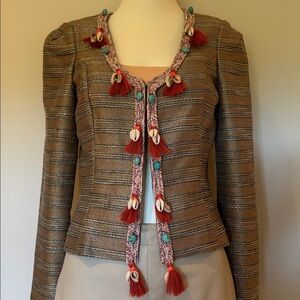 NWOT MAISON SCOTCH LUXURY CROPPED JACKET FRINGE SEASHELLS TURQUOISE EMBELLISHED